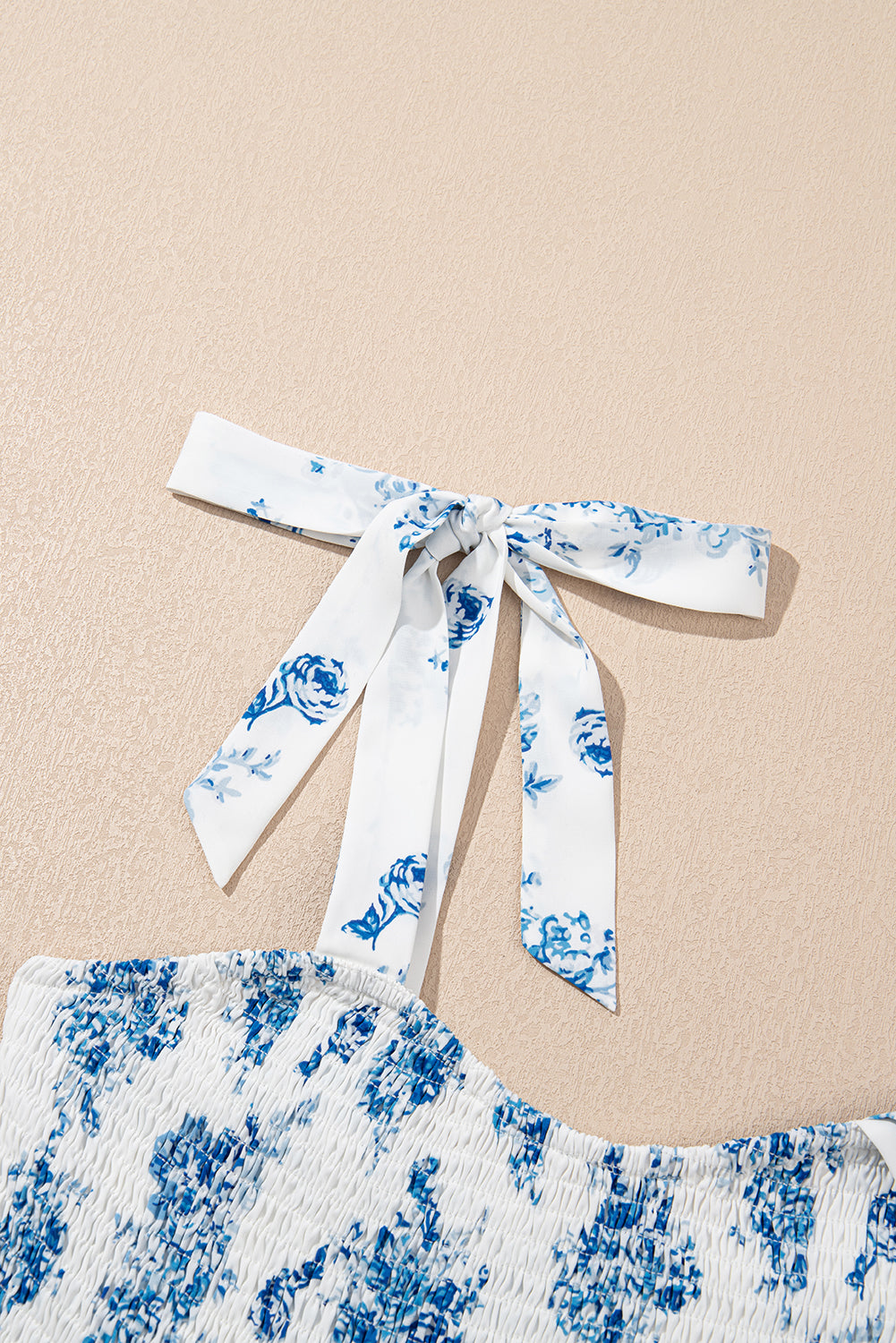 Sky Blue Floral Print Smocked Knot Shoulder Sleeveless Midi Dress - HieuLuxe