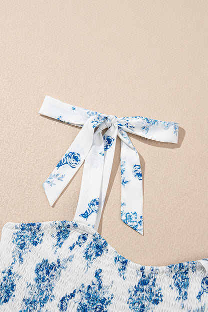 Sky Blue Floral Print Smocked Knot Shoulder Sleeveless Midi Dress - HieuLuxe