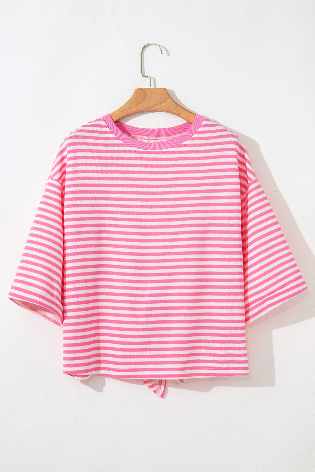 Pink Striped Bowknot Backless Drop Sleeve T-Shirt - HieuLuxe