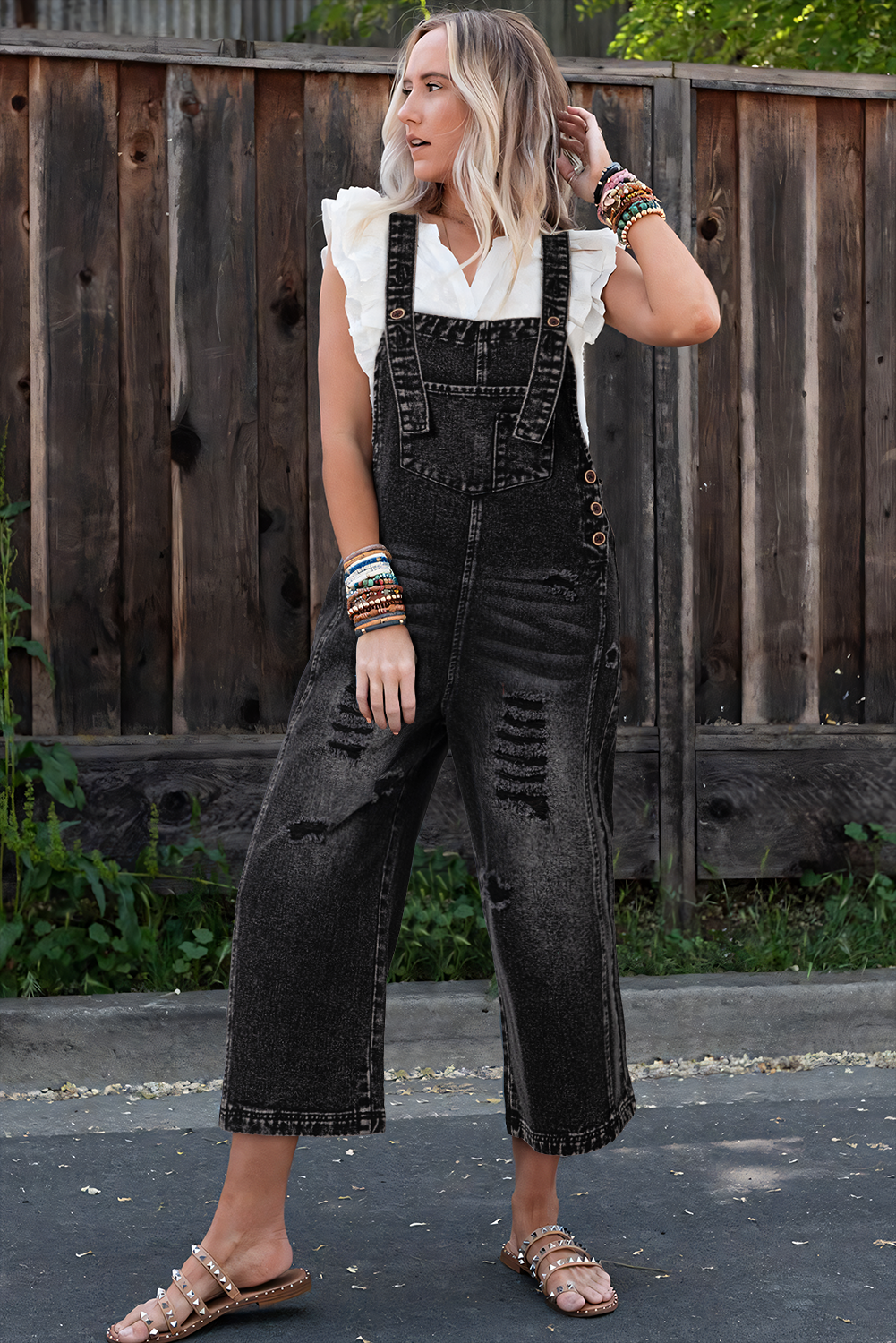 Black Distressed Bib Pocket Wide Leg Denim Overall - HieuLuxe