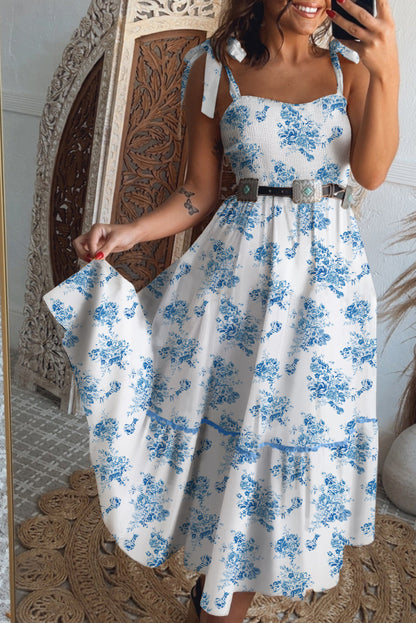 Sky Blue Floral Print Smocked Knot Shoulder Sleeveless Midi Dress - HieuLuxe