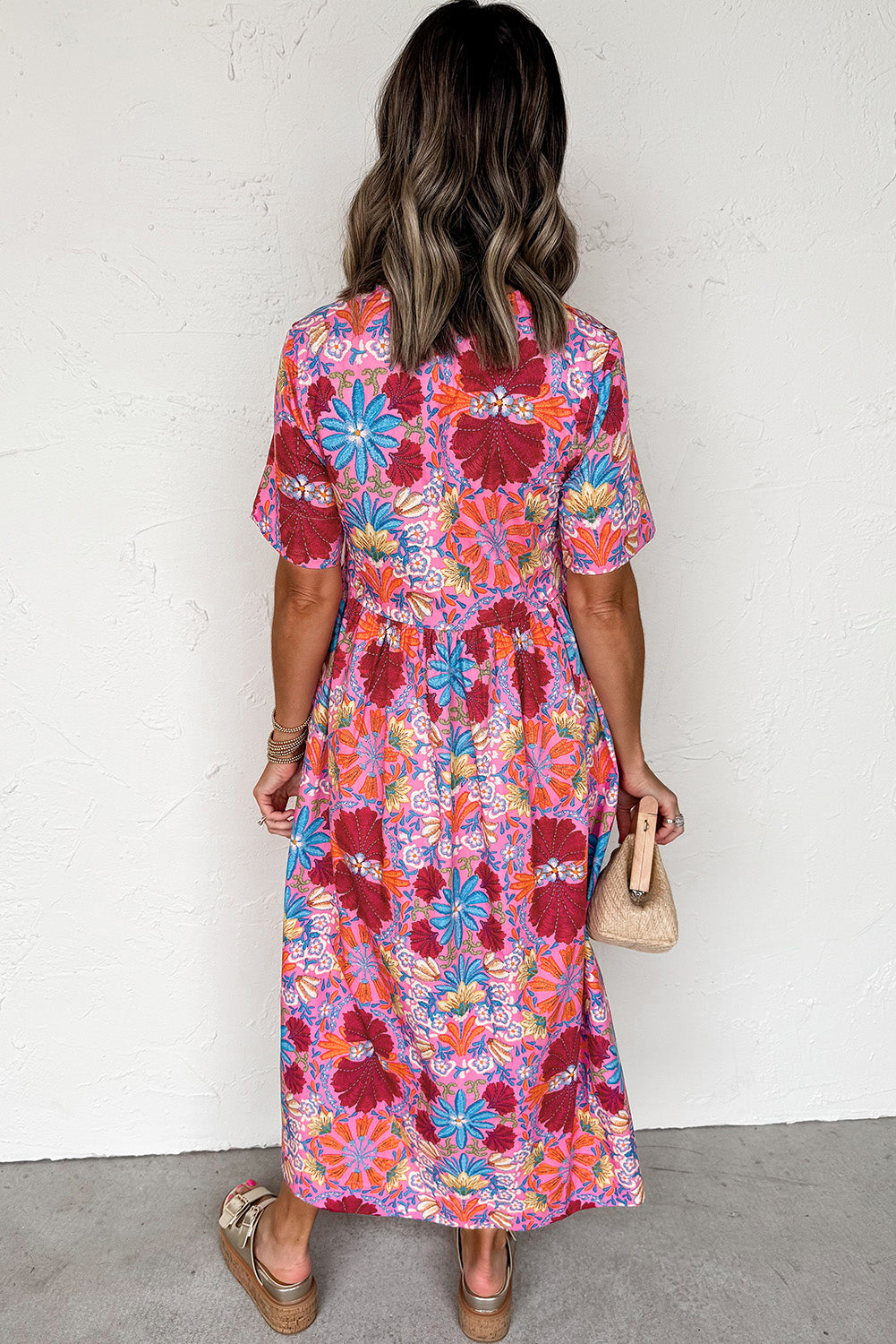 Rose Floral Print Tie Front High Waist Loose Midi Dress - HieuLuxe