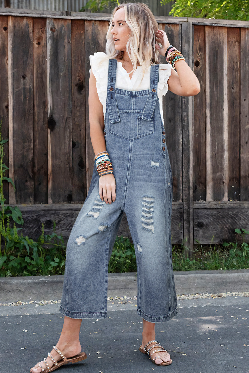 Stone Blue Distressed Bib Pocket Wide Leg Denim Overall - HieuLuxe