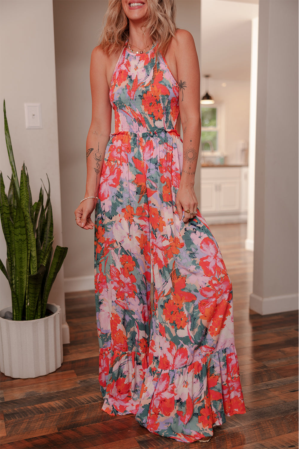 Multicolour Floral Print Halter Neck Wide Leg Jumpsuit - HieuLuxe