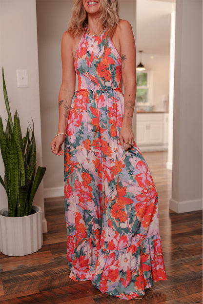 Multicolour Floral Print Halter Neck Wide Leg Jumpsuit - HieuLuxe