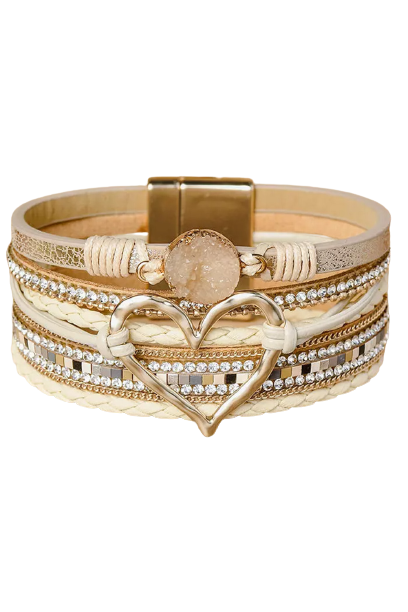 Beige Braided Heart Rhinestone Magnetic Buckle Multi Layered Bracelet - HieuLuxe