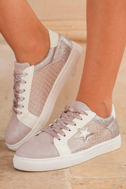 Gold Glitter Star Patchwork PU Leather Lace-up Sneakers - HieuLuxe