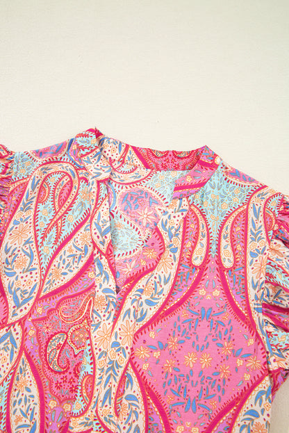 Rose Ethnic Paisley Print Ruffle Sleeve Notch Neck Midi Dress - HieuLuxe
