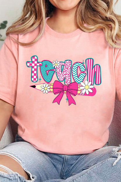 Pink Retro Checkered teach and Bow Pencil Graphic T Shirt - HieuLuxe