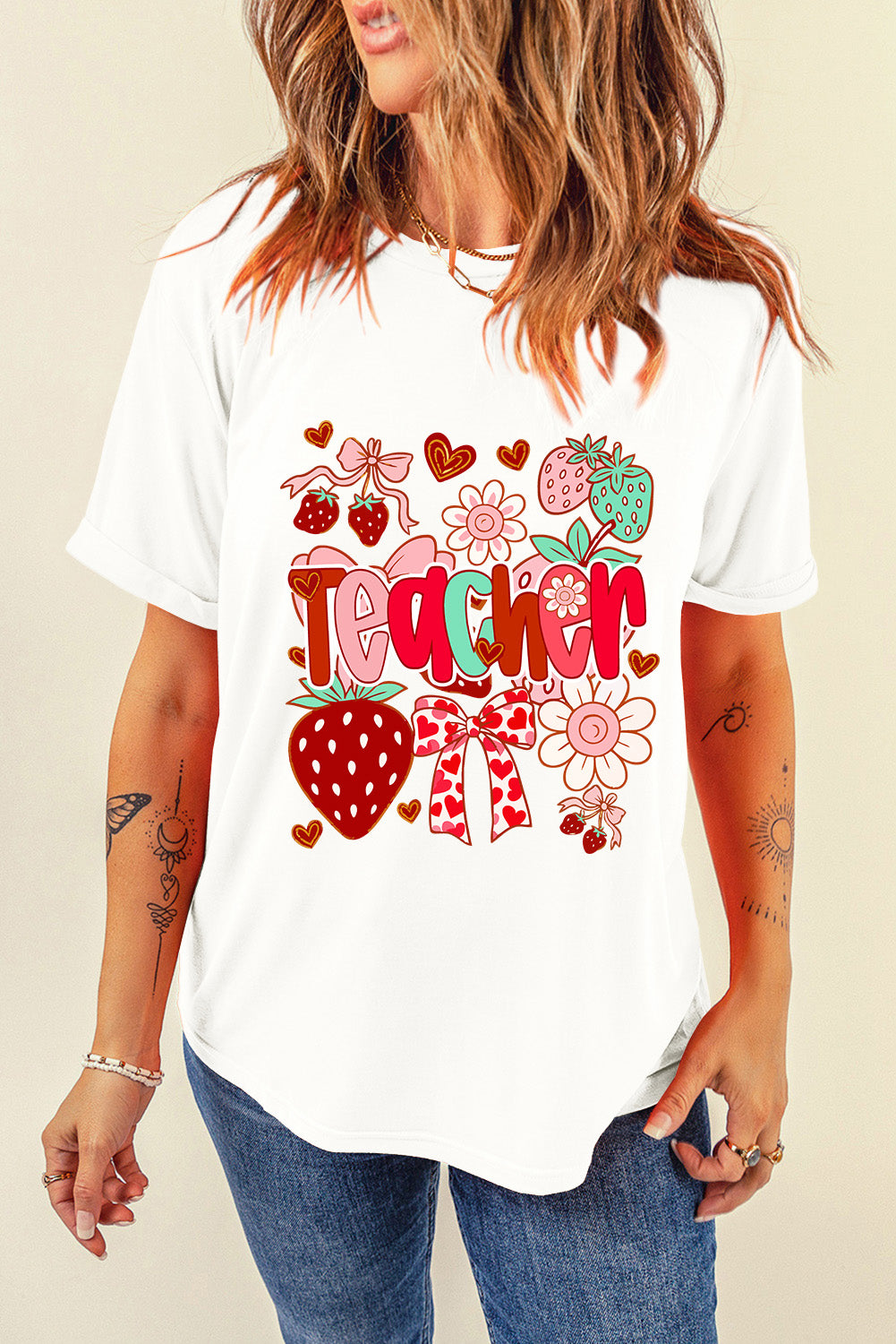 White Cute Strawberry Floral Teacher Graphic Custom Tee - HieuLuxe