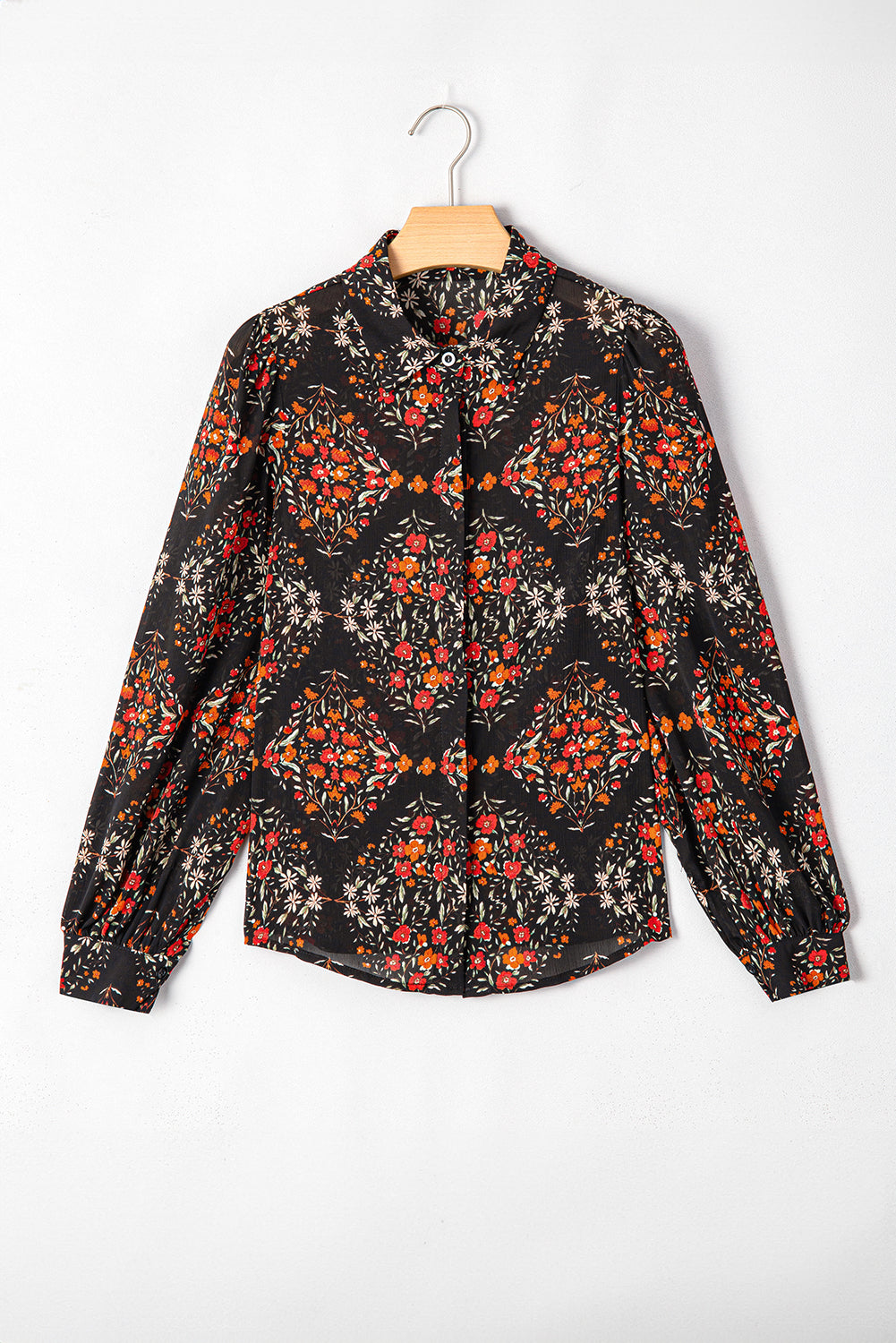 Black Floral Print Collared Button Up Puff Sleeve Shirt - HieuLuxe