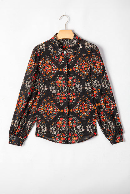 Black Floral Print Collared Button Up Puff Sleeve Shirt - HieuLuxe
