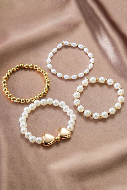 Gold Pearl Stackable Heart Beaded Bracelet Set - HieuLuxe