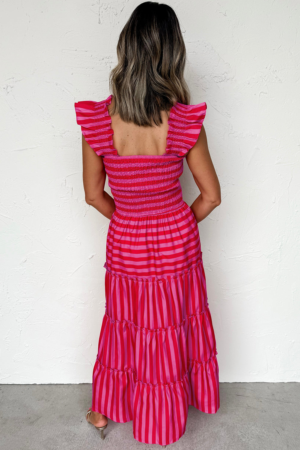Rose Stripe Ruffle Strap Shirred Bodice Tiered Maxi Dress - HieuLuxe