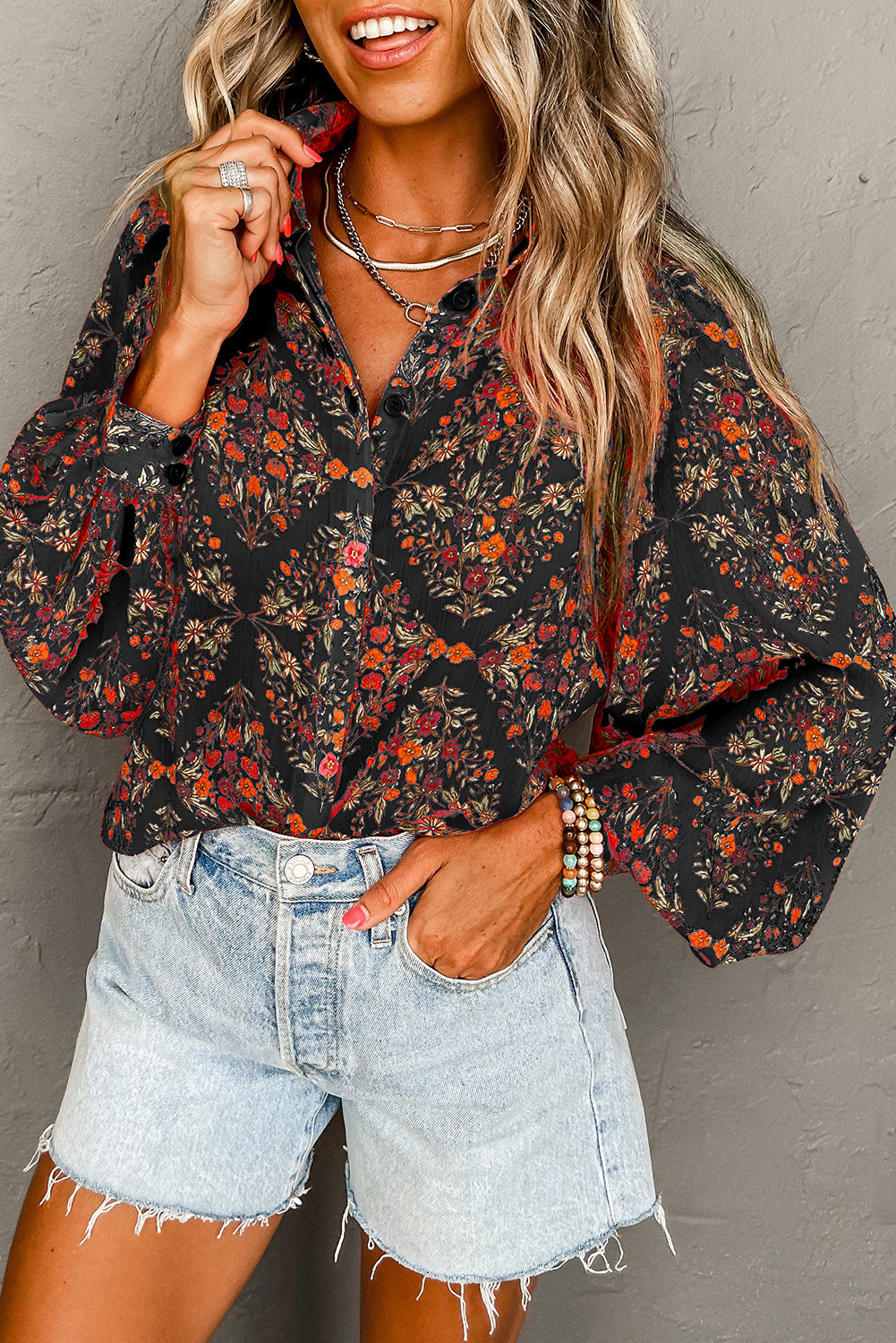 Black Floral Print Collared Button Up Puff Sleeve Shirt - HieuLuxe