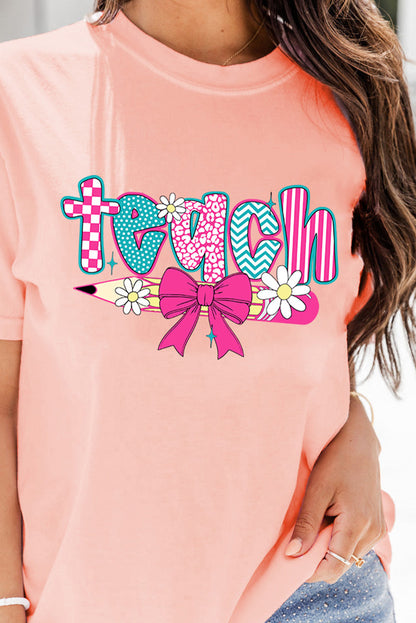Pink Retro Checkered teach and Bow Pencil Graphic T Shirt - HieuLuxe