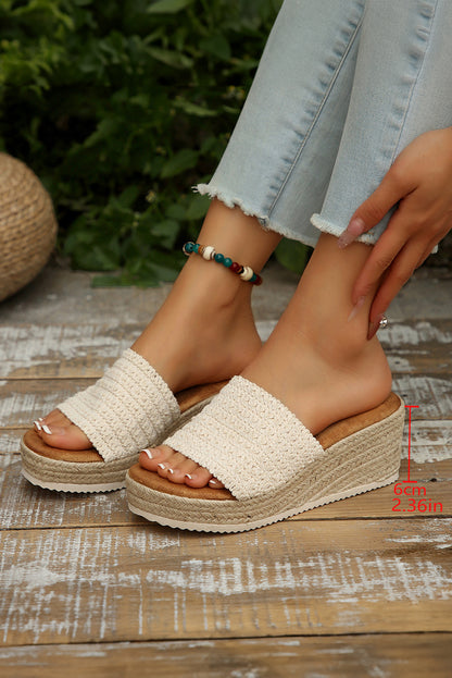 White Boho Woven One Band Wedge Slippers - HieuLuxe