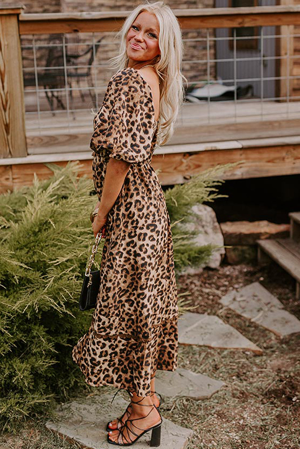 Brown Leopard Print Puff Sleeve Ricrac Maxi Dress - HieuLuxe