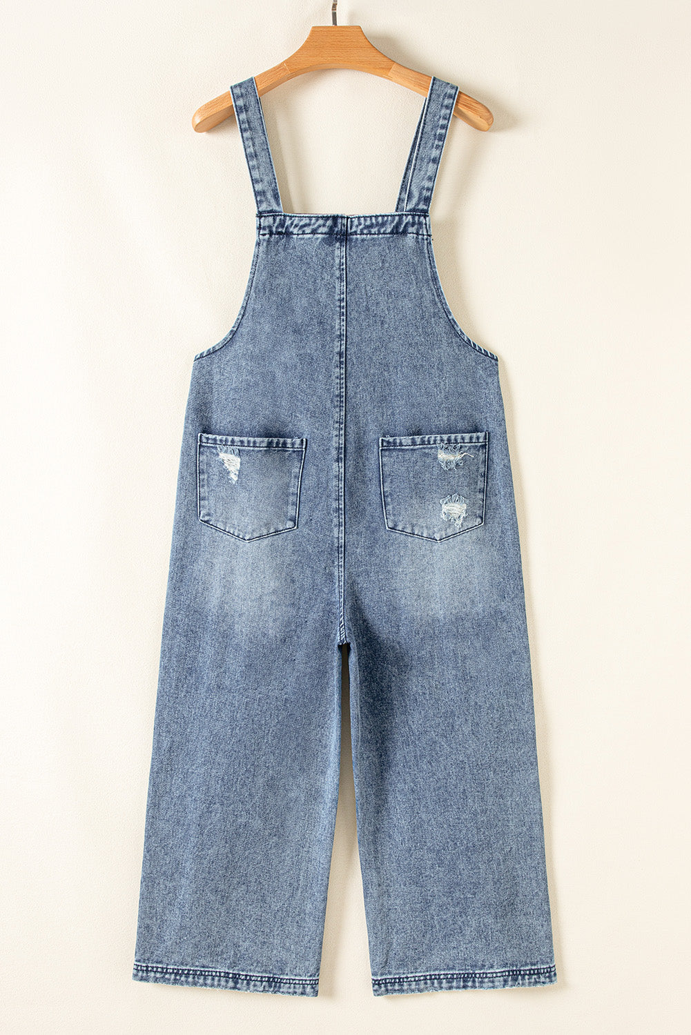 Stone Blue Distressed Bib Pocket Wide Leg Denim Overall - HieuLuxe