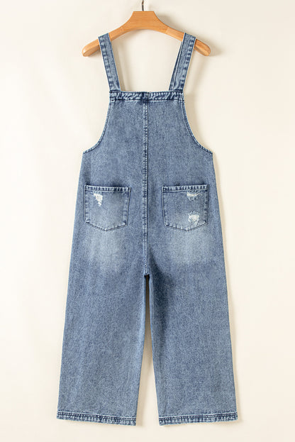 Stone Blue Distressed Bib Pocket Wide Leg Denim Overall - HieuLuxe