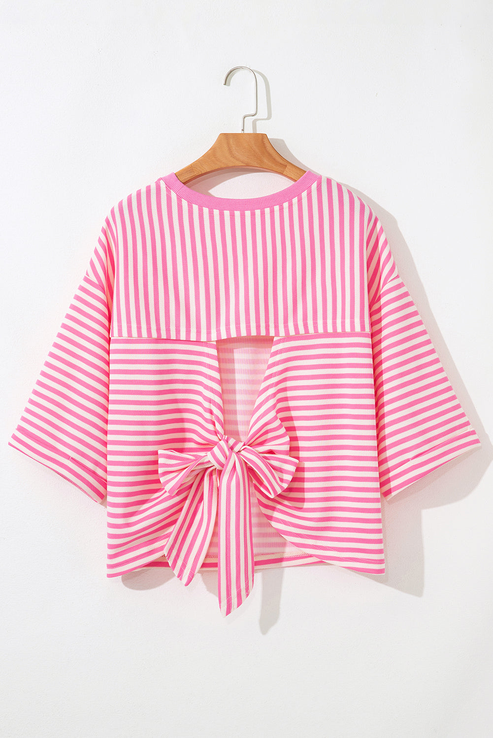 Pink Striped Bowknot Backless Drop Sleeve T-Shirt - HieuLuxe