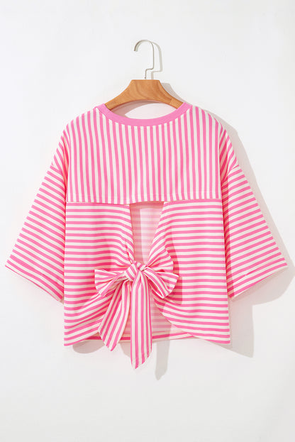 Pink Striped Bowknot Backless Drop Sleeve T-Shirt - HieuLuxe