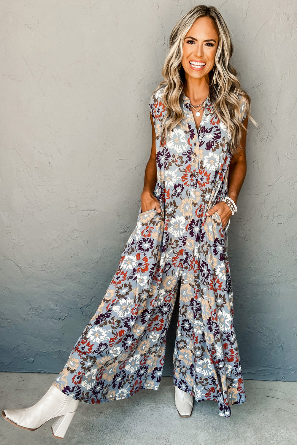 Sky Blue Floral Sleeveless Pocketed Wide Leg Jumpsuit - HieuLuxe