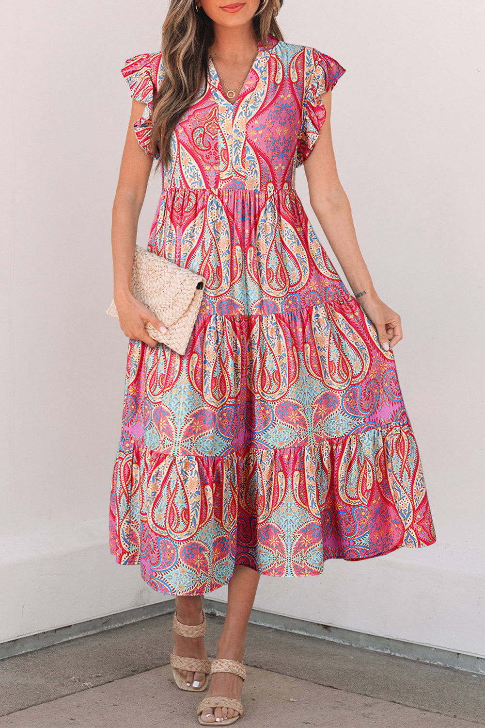 Rose Ethnic Paisley Print Ruffle Sleeve Notch Neck Midi Dress - HieuLuxe