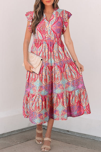 Rose Ethnic Paisley Print Ruffle Sleeve Notch Neck Midi Dress - HieuLuxe