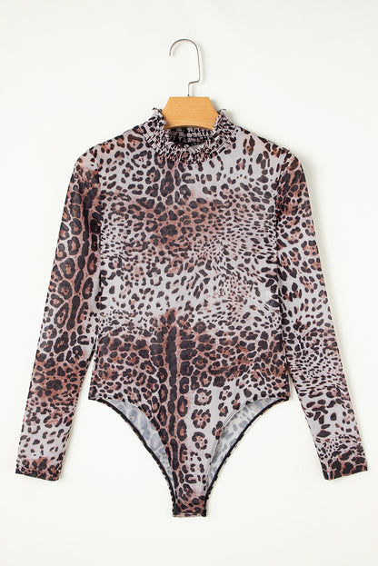 Brown Allover Leopard Print Smocked Neck Mesh Bodysuit - HieuLuxe