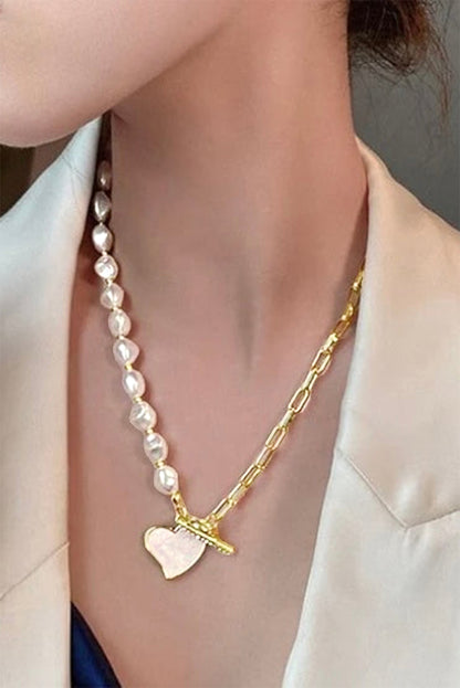 Gold Heart Shape Pendant Rhinestone Pearl Chain Necklace - HieuLuxe