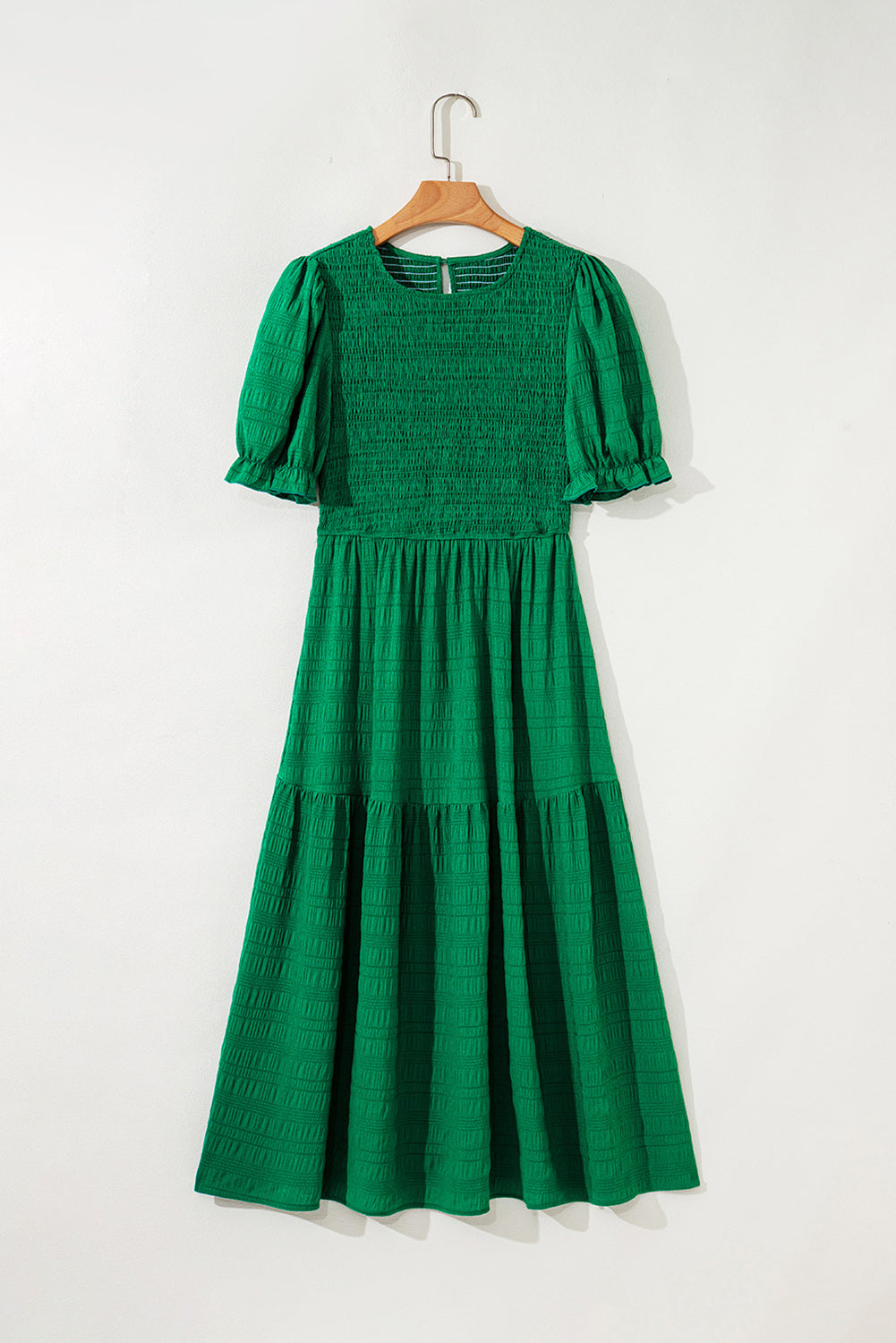 Dark Green Solid Textured Shirred High Waist Midi Dress - HieuLuxe