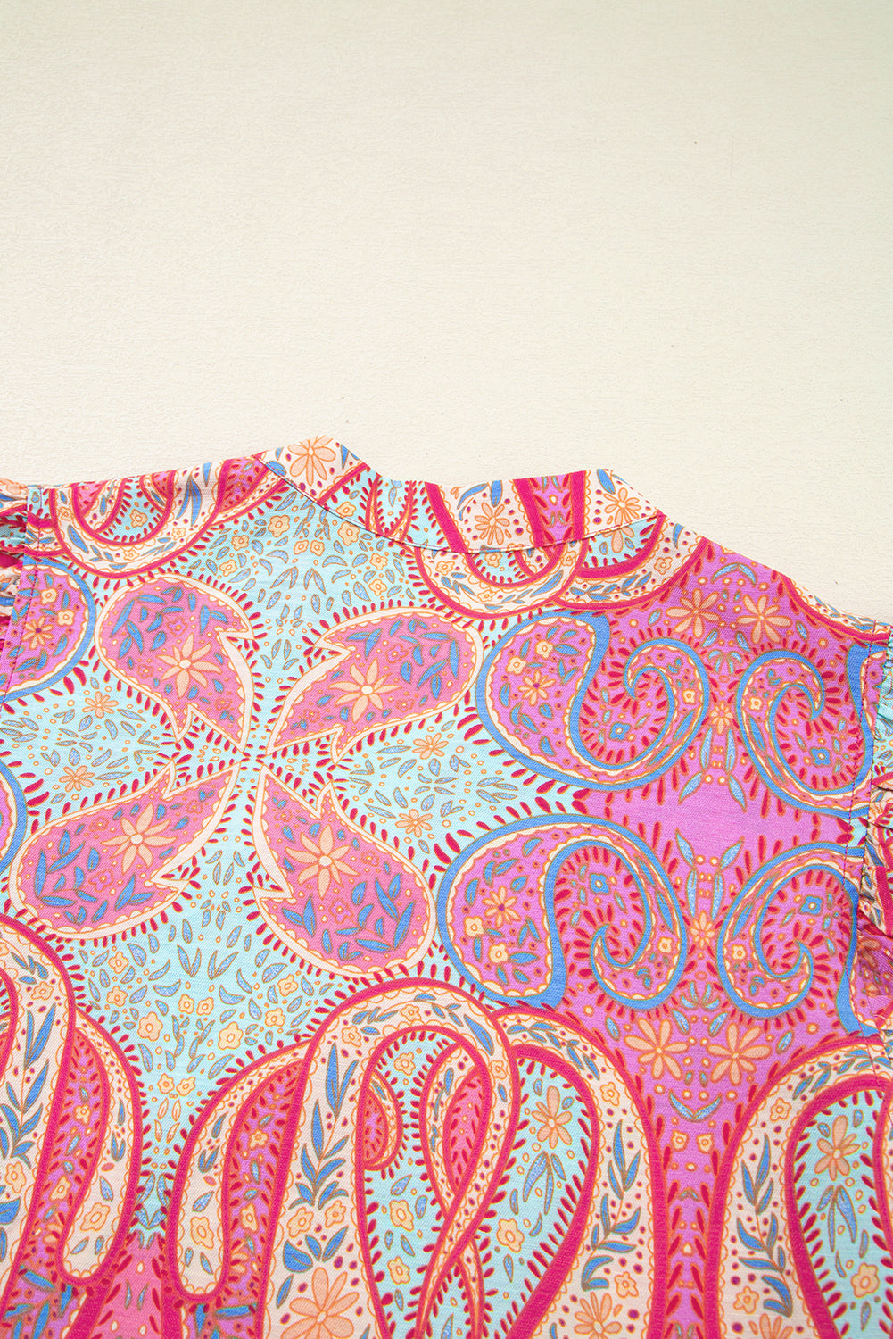 Rose Ethnic Paisley Print Ruffle Sleeve Notch Neck Midi Dress - HieuLuxe