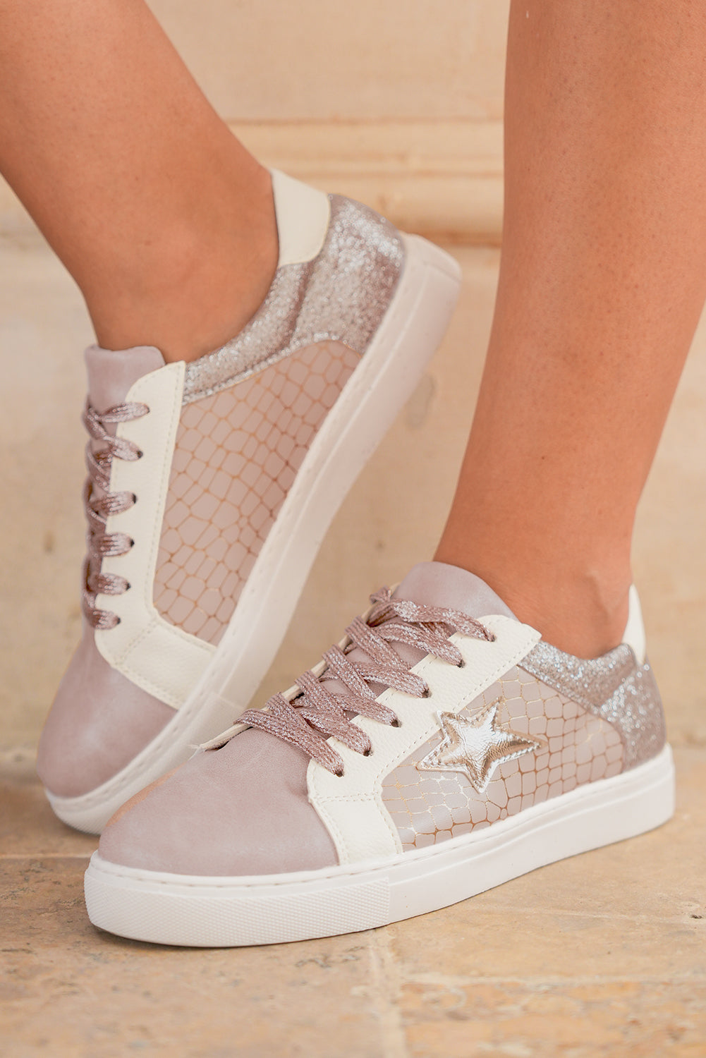 Gold Glitter Star Patchwork PU Leather Lace-up Sneakers - HieuLuxe