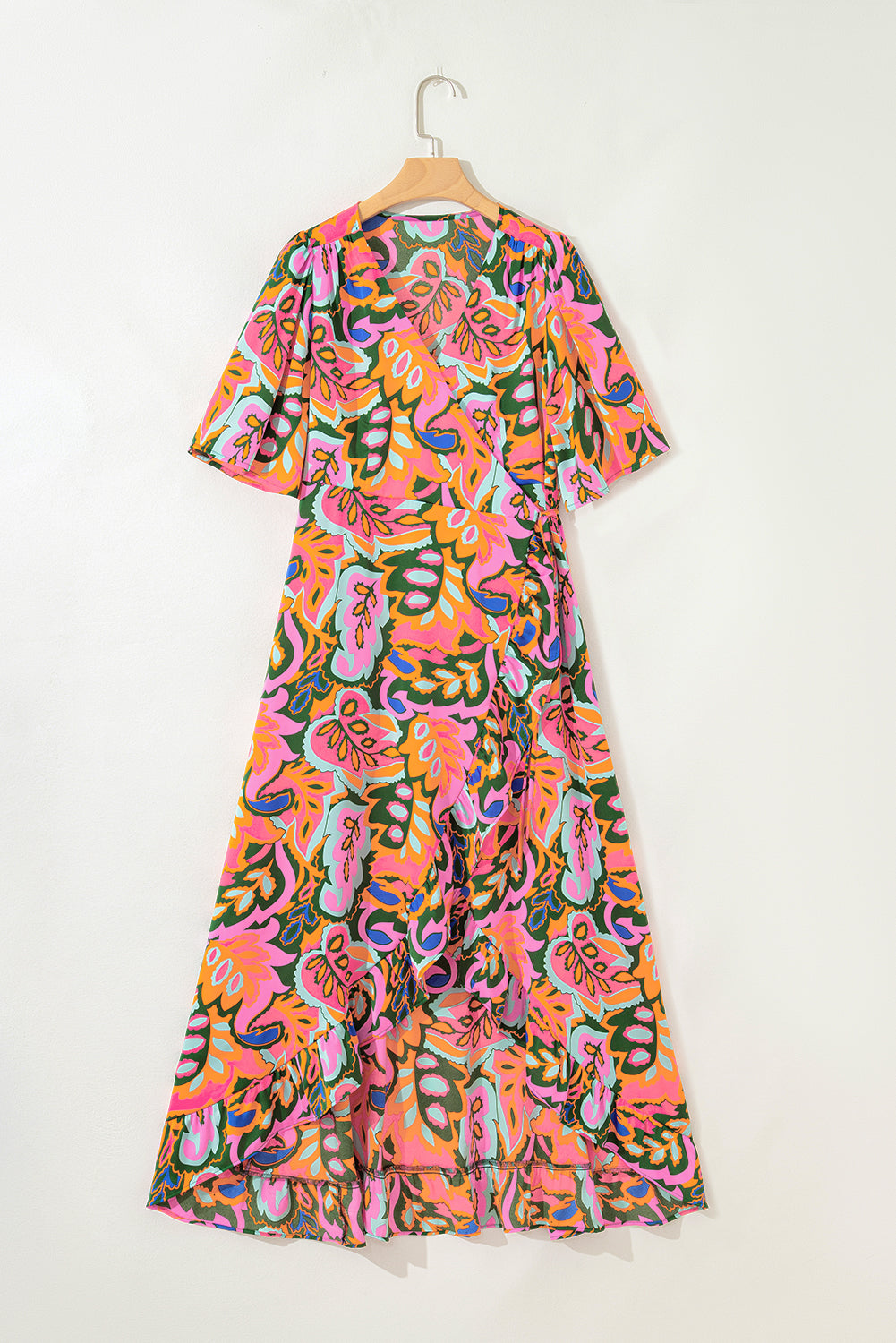 Rose Tropical Plant Print Surplice V Neck Ruffle Hem Maxi Dress - HieuLuxe