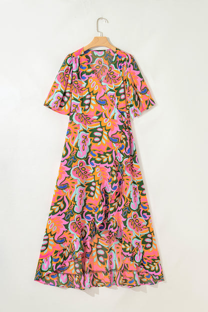 Rose Tropical Plant Print Surplice V Neck Ruffle Hem Maxi Dress - HieuLuxe