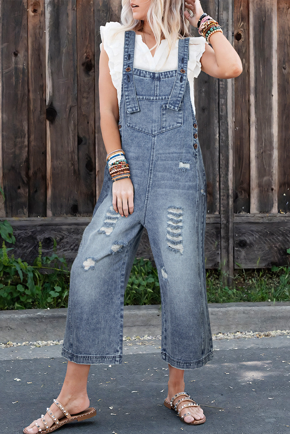 Stone Blue Distressed Bib Pocket Wide Leg Denim Overall - HieuLuxe