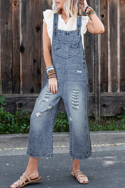 Stone Blue Distressed Bib Pocket Wide Leg Denim Overall - HieuLuxe