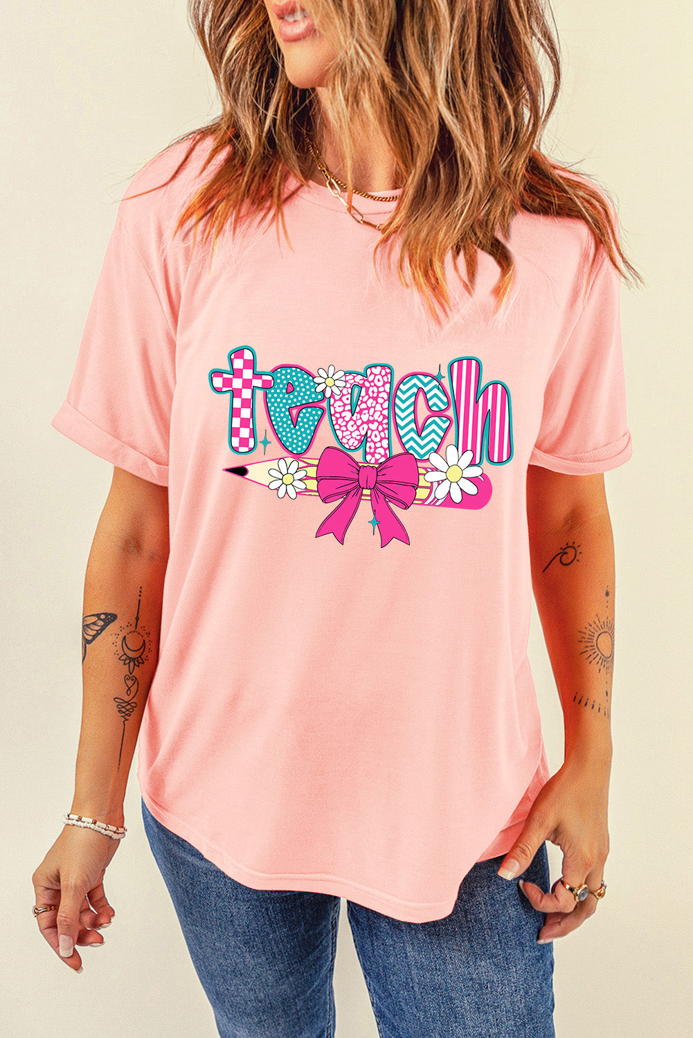 Pink Retro Checkered teach and Bow Pencil Graphic T Shirt - HieuLuxe
