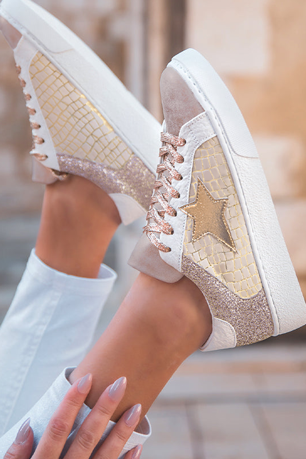 Gold Glitter Star Patchwork PU Leather Lace-up Sneakers - HieuLuxe