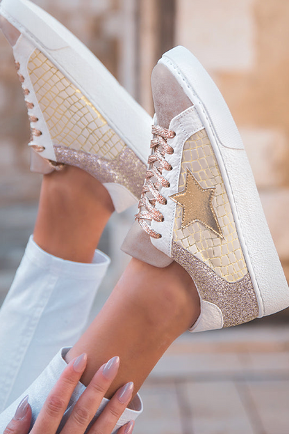 Gold Glitter Star Patchwork PU Leather Lace-up Sneakers - HieuLuxe