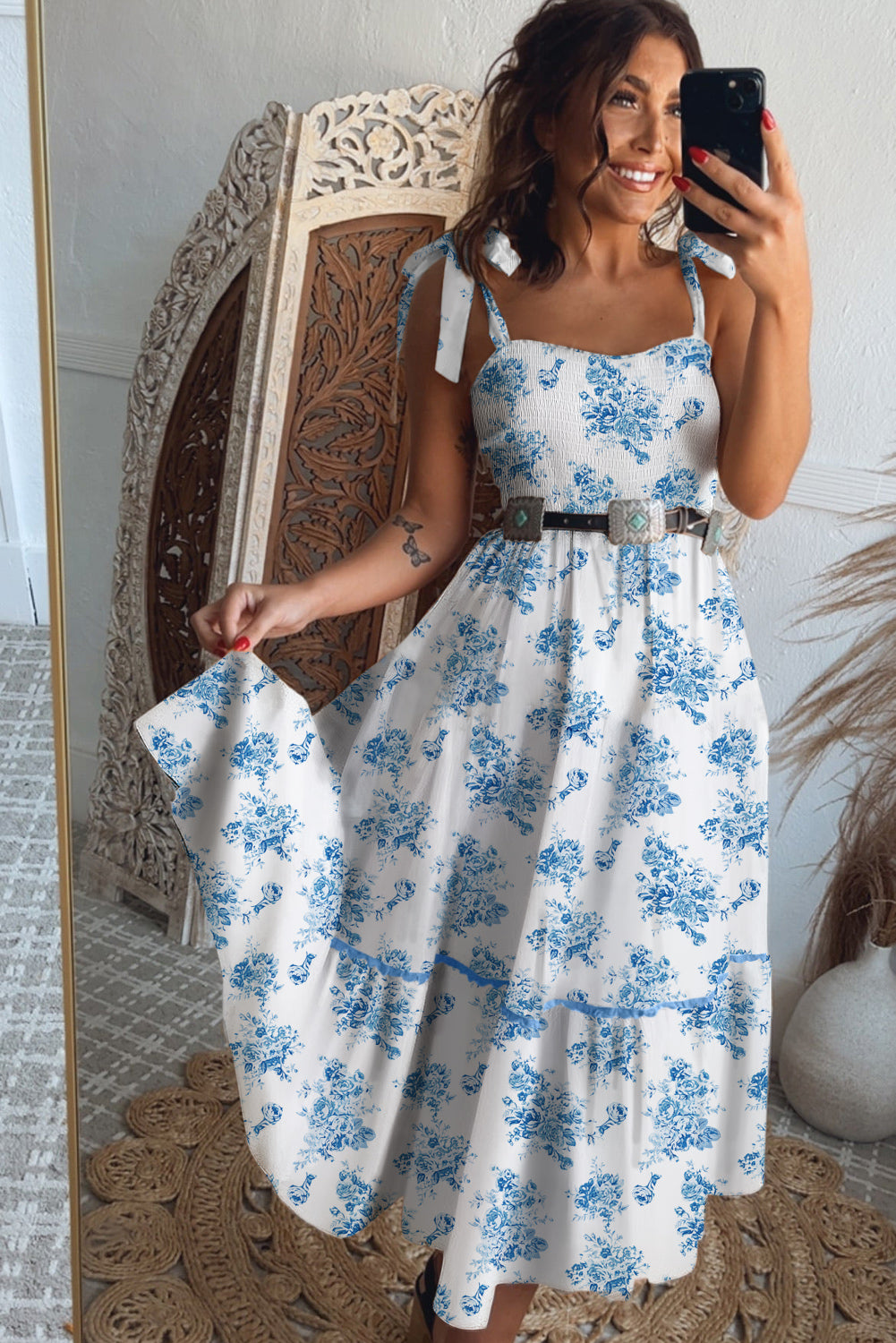 Sky Blue Floral Print Smocked Knot Shoulder Sleeveless Midi Dress - HieuLuxe