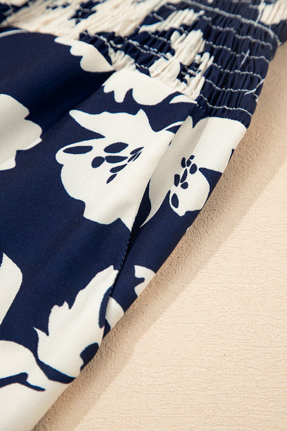 Blue Floral Smocked Frill Waist Wide Leg Pants - HieuLuxe