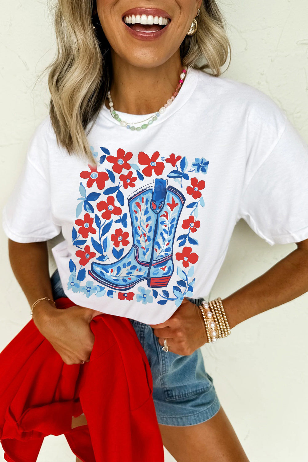 White Floral Western Boots Printed Cotton Blend T Shirt - HieuLuxe