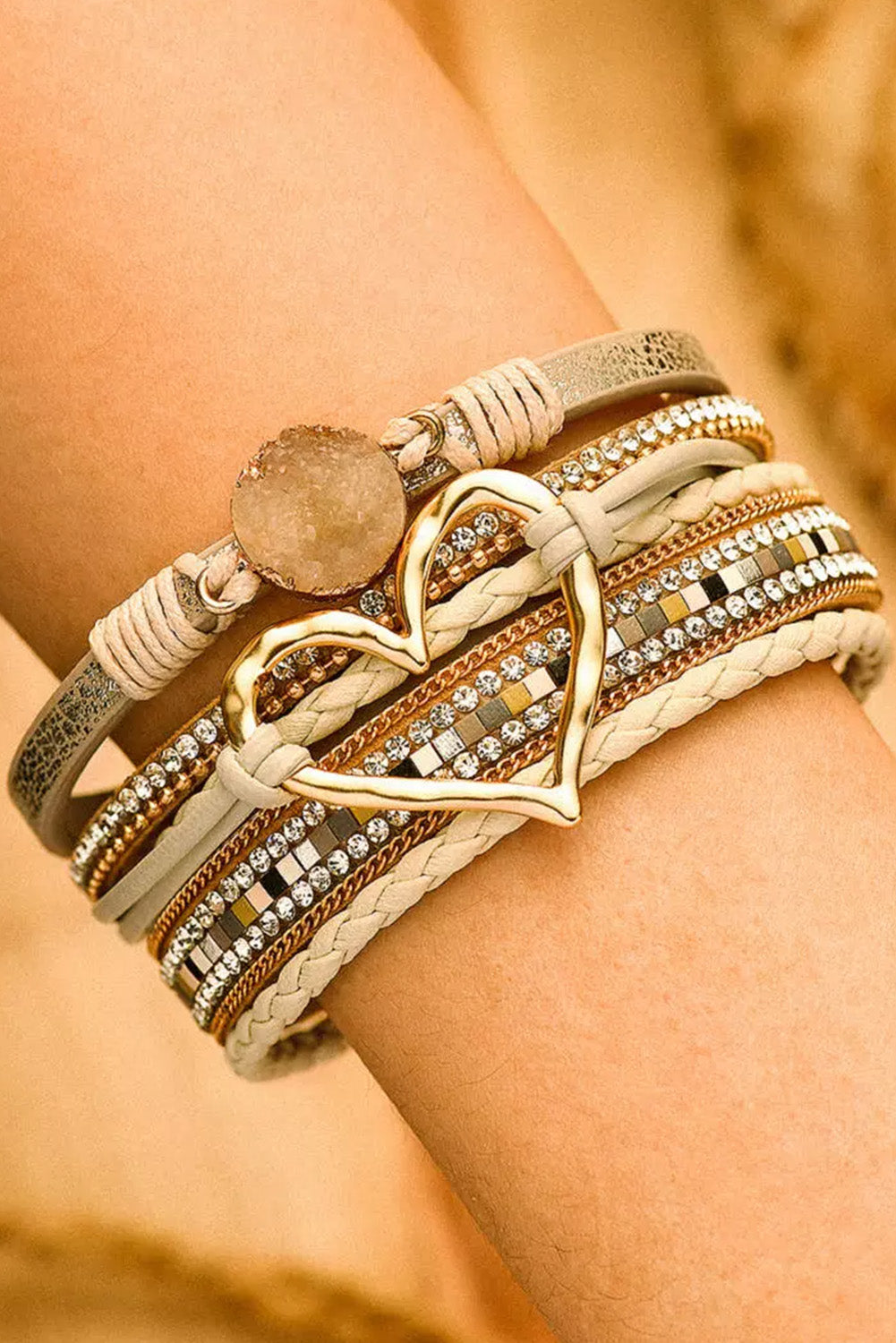 Beige Braided Heart Rhinestone Magnetic Buckle Multi Layered Bracelet - HieuLuxe