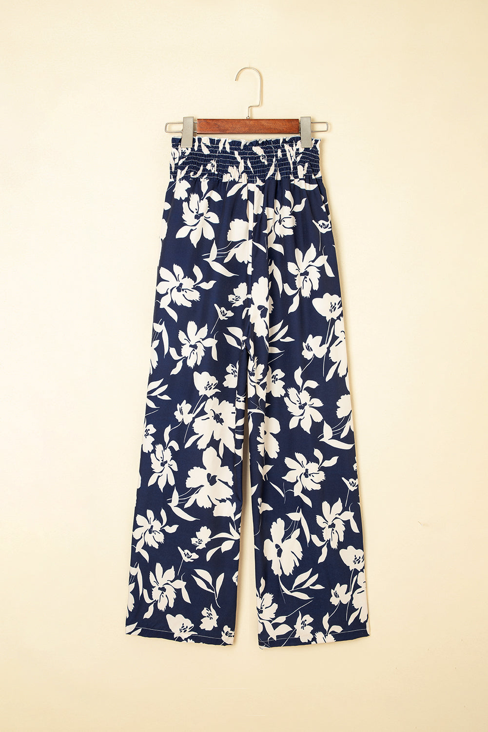 Blue Floral Smocked Frill Waist Wide Leg Pants - HieuLuxe
