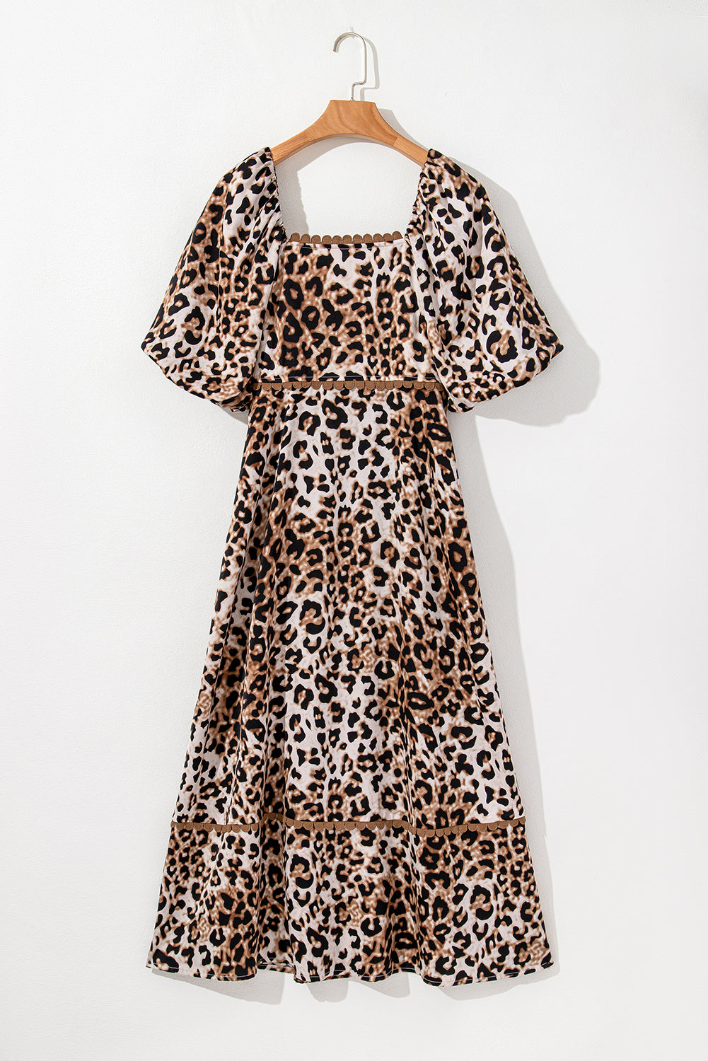 Brown Leopard Print Puff Sleeve Ricrac Maxi Dress - HieuLuxe