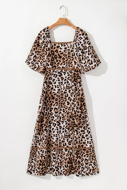 Brown Leopard Print Puff Sleeve Ricrac Maxi Dress - HieuLuxe