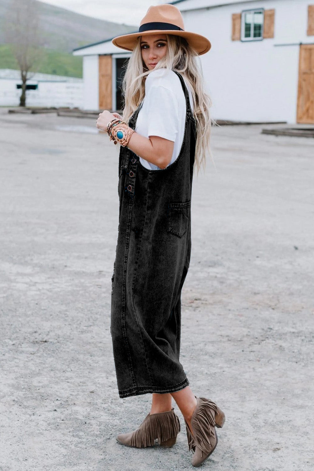 Black Distressed Bib Pocket Wide Leg Denim Overall - HieuLuxe
