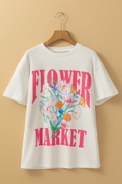 White FLOWER MARKET Letter Graphic T Shirt - HieuLuxe